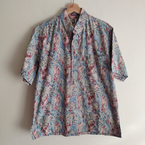 Kahala Mens Hawaiian Shirt L Vintage Leaf Reverse Print Blue Red Cotton Shirt - Picture 1 of 9